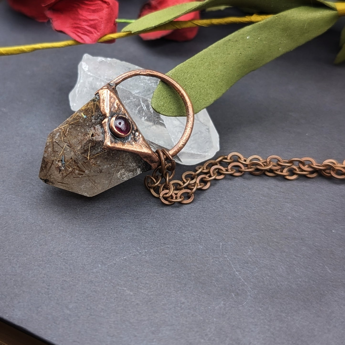 Rutilated Quartz and Garnet Pendant