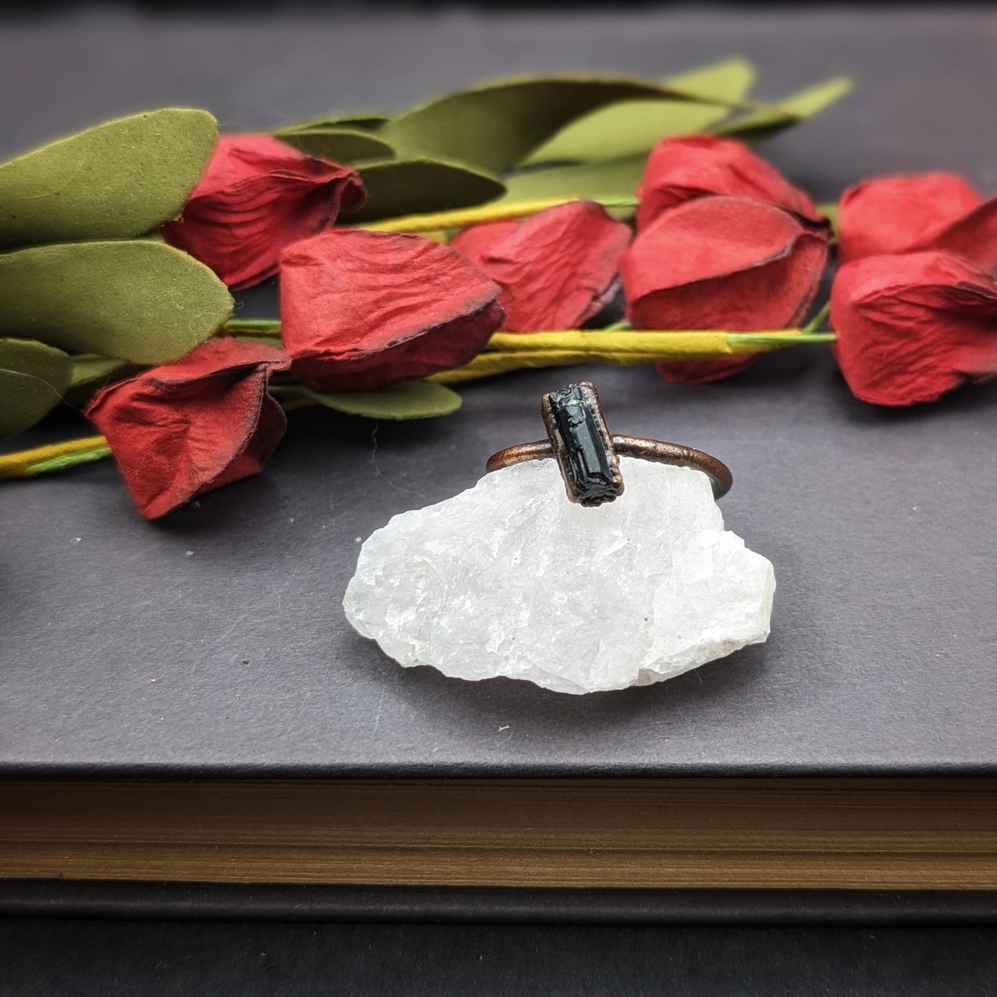 Thin Black Tourmaline Ring - Size 9