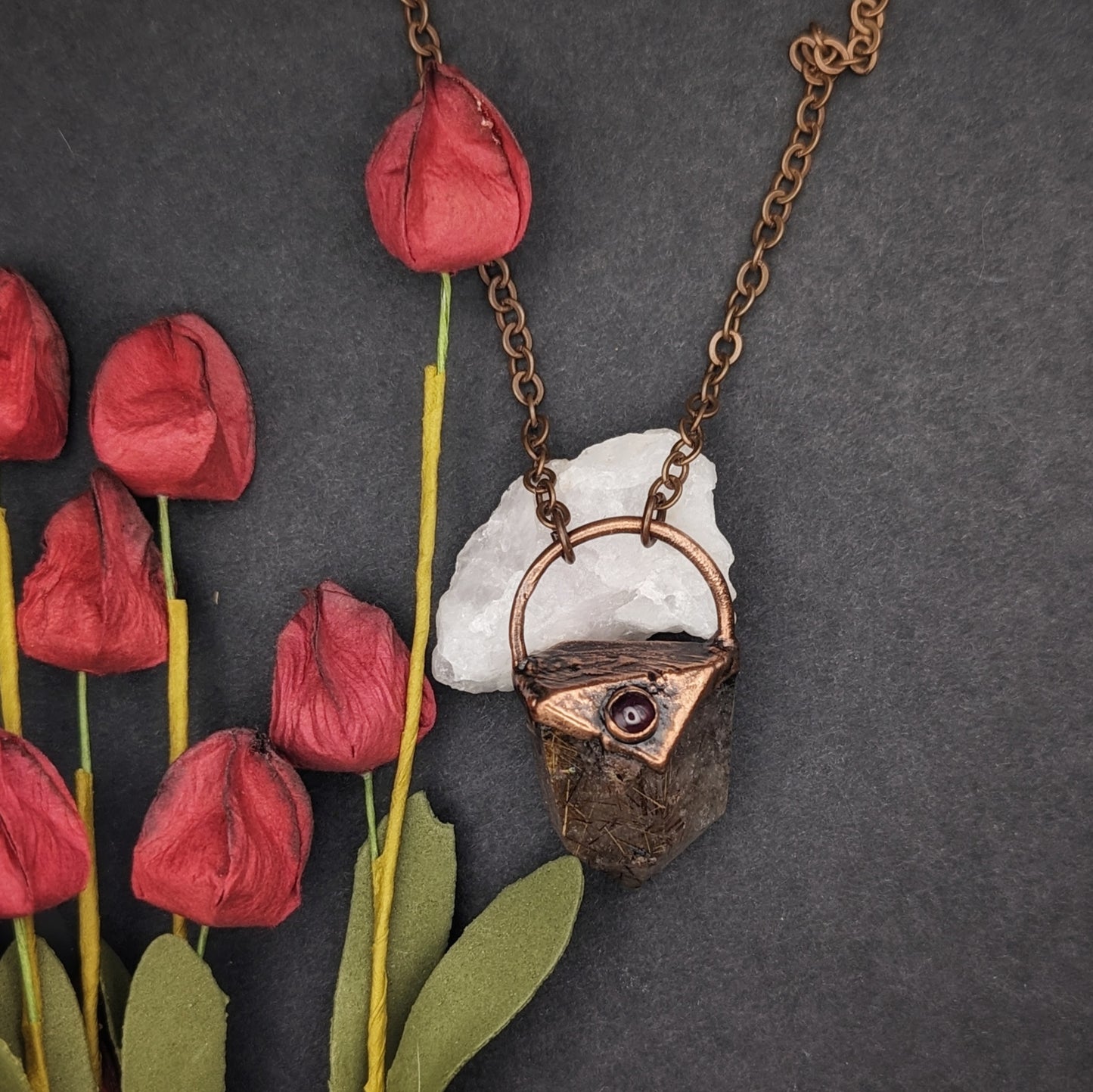 Rutilated Quartz and Garnet Pendant