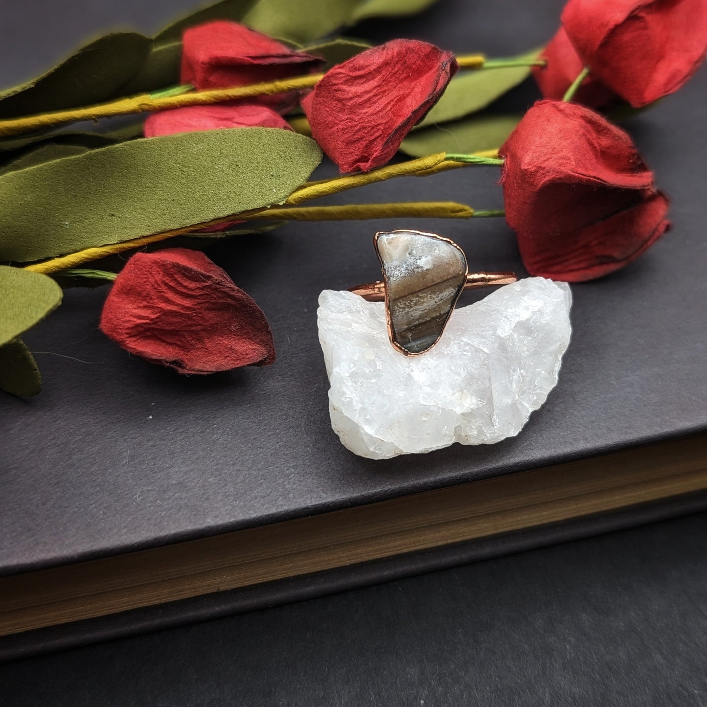 Grey Petrified Wood Ring - Size 10