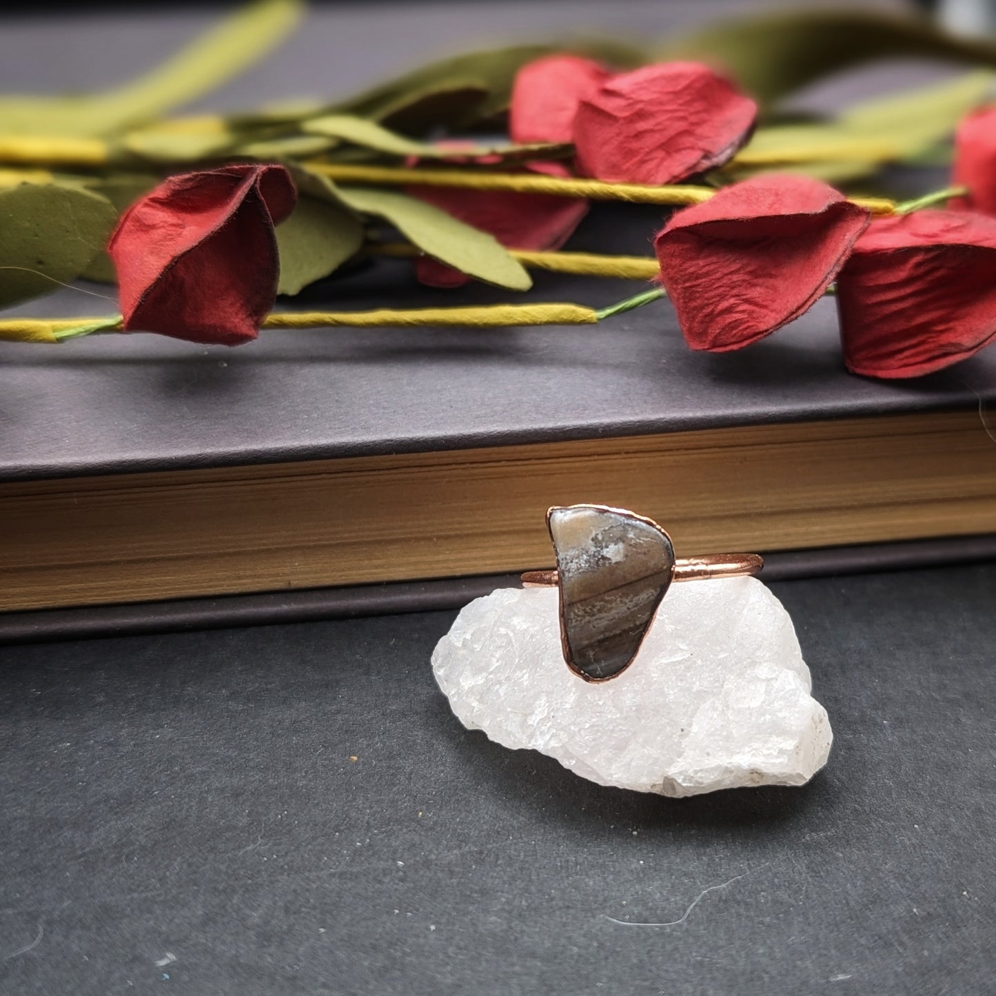 Grey Petrified Wood Ring - Size 10
