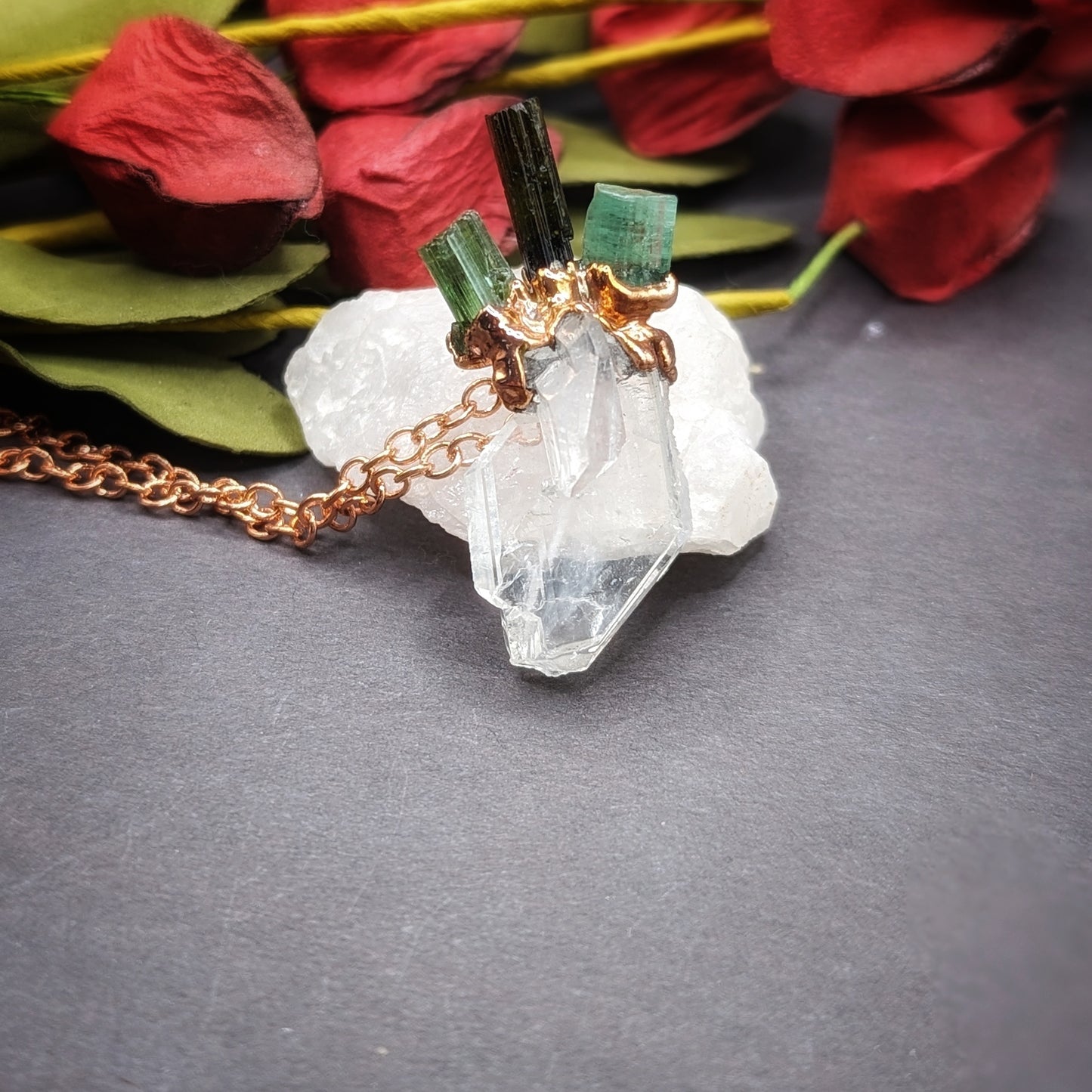 Quartz and Tourmaline Heart Necklace